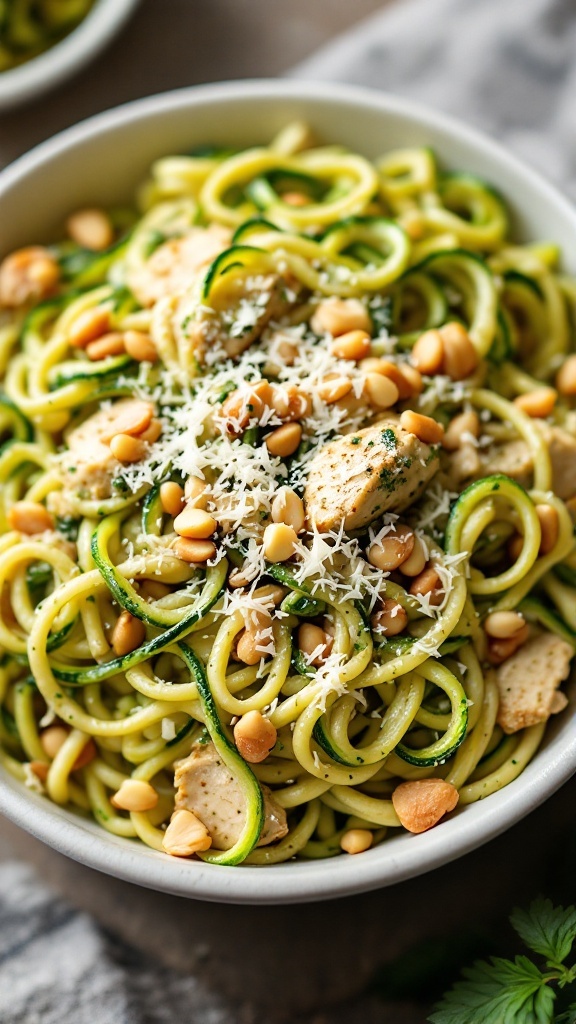 A bowl of creamy pesto chicken and zucchini pasta topped with pine nuts and Parmesan.