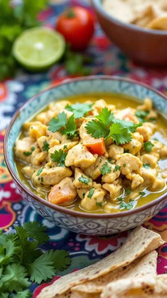 A bowl of creamy salsa verde chicken garnished with cilantro