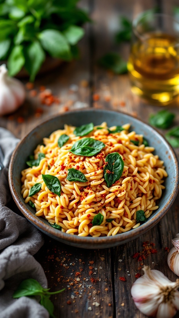 A bowl of creamy spicy garlic chilli orzo with spinach garnished with basil leaves.