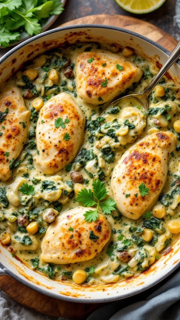 A delicious creamy spinach and artichoke chicken casserole.