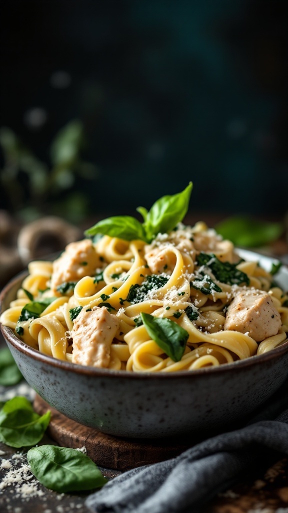 Creamy chicken and spinach pasta in a bowl