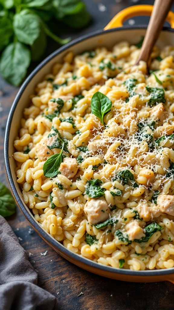 Creamy spinach and chicken rice casserole in a baking dish