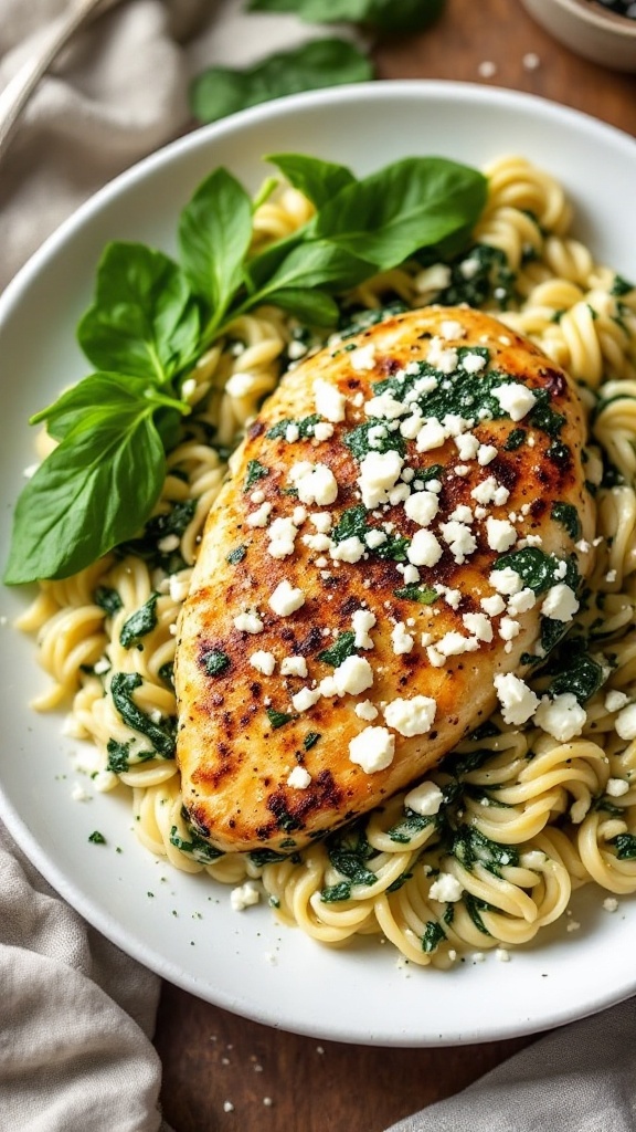 Grilled chicken breast with spinach and feta served over pasta, garnished with fresh herbs.