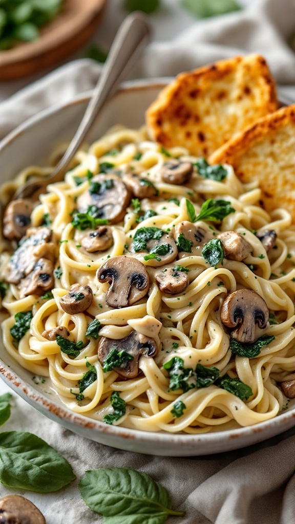 A creamy chicken Alfredo pasta with spinach and mushrooms, served with garlic bread.