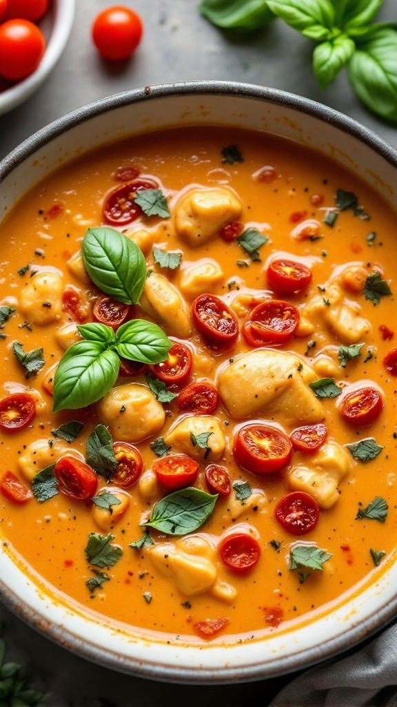 Bowl of creamy sun-dried tomato chicken soup topped with basil and cherry tomatoes.