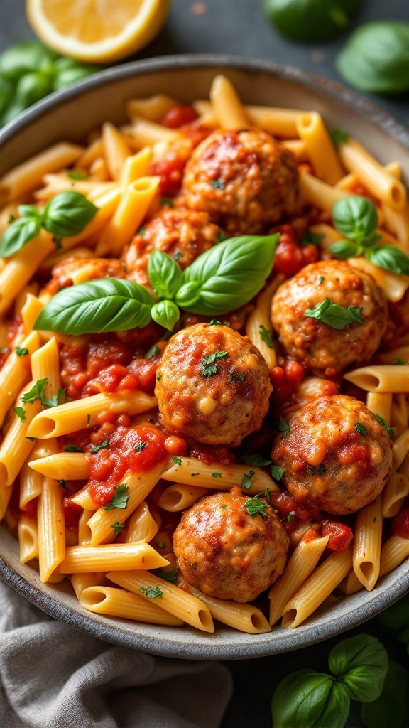 Creamy Tomato Basil Chicken Meatball Pasta