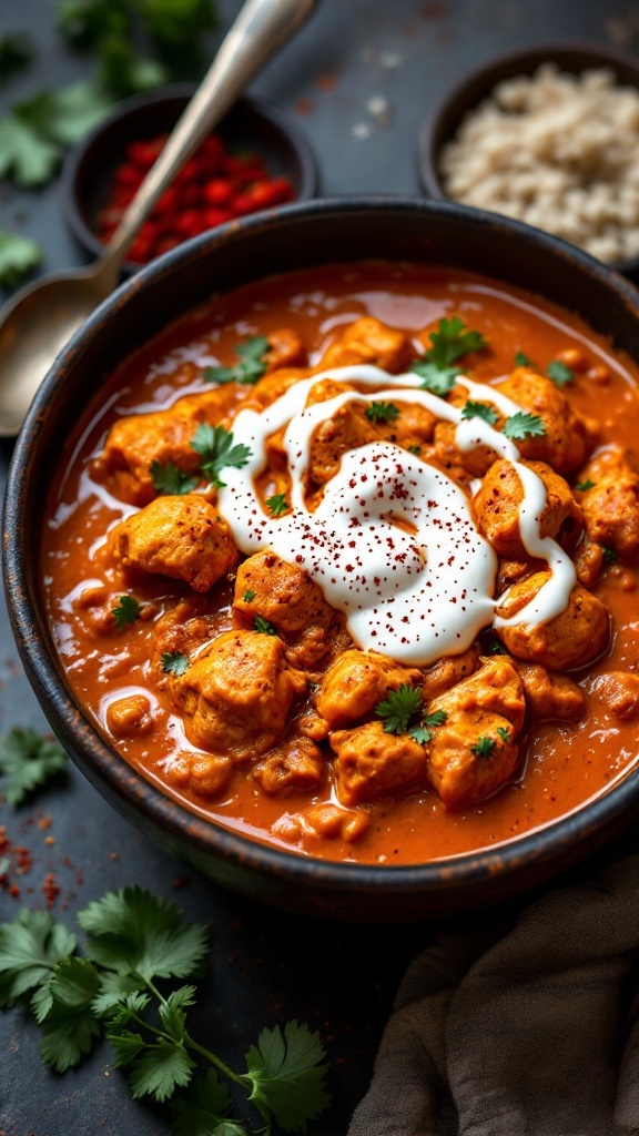 A bowl of Chicken Tikka Masala with creamy tomato sauce, garnished with cilantro and yogurt.