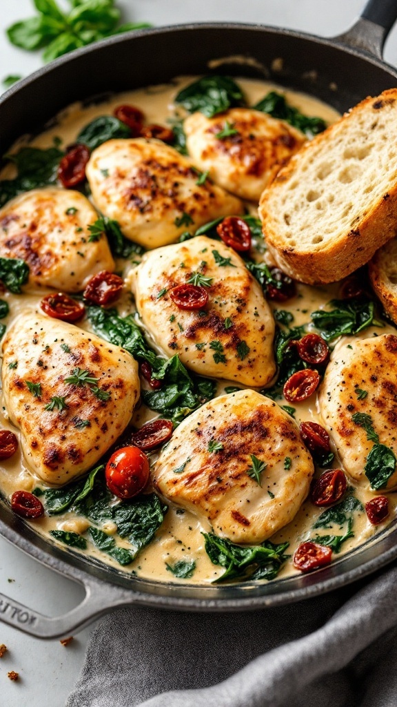 Delicious creamy Tuscan chicken with spinach and sun-dried tomatoes in a skillet