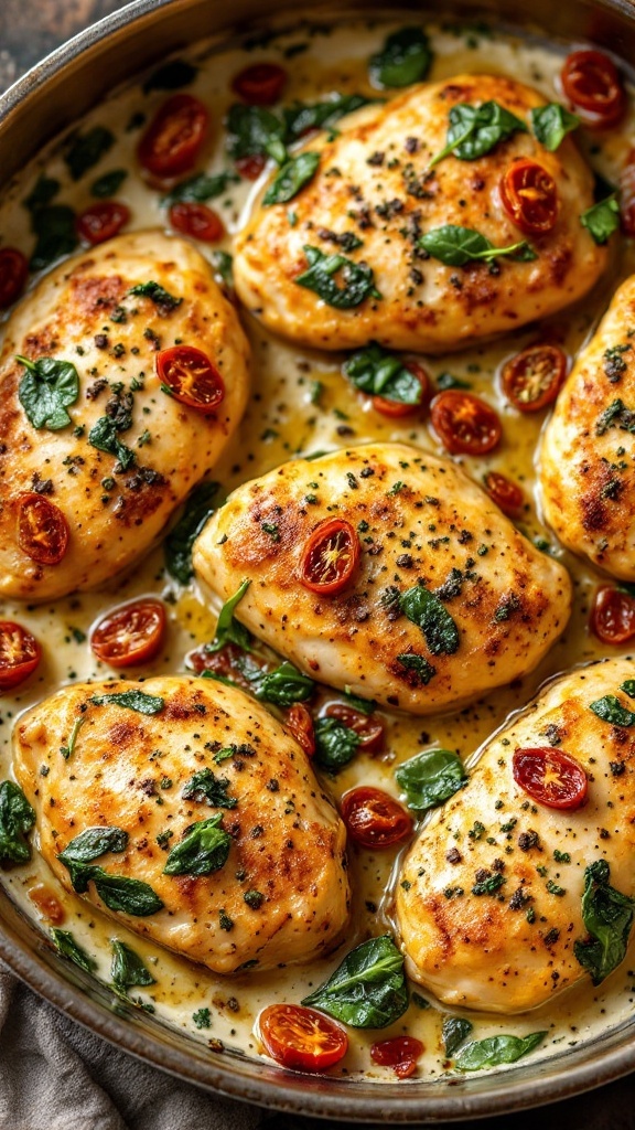 Creamy Tuscan chicken cooked in a skillet with sun-dried tomatoes and spinach.