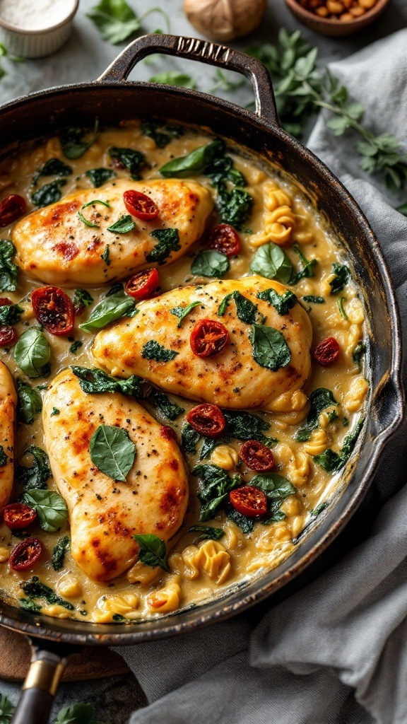 Creamy Tuscan Chicken Skillet with spinach and sun-dried tomatoes