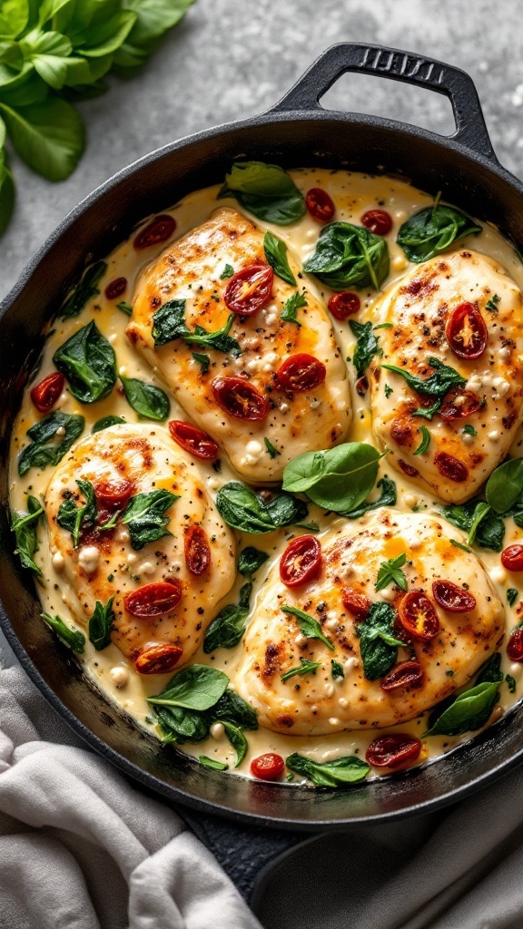 Creamy Tuscan Chicken Skillet with spinach and sun-dried tomatoes