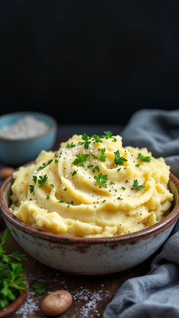 A bowl of creamy vegan mashed potatoes garnished with parsley.