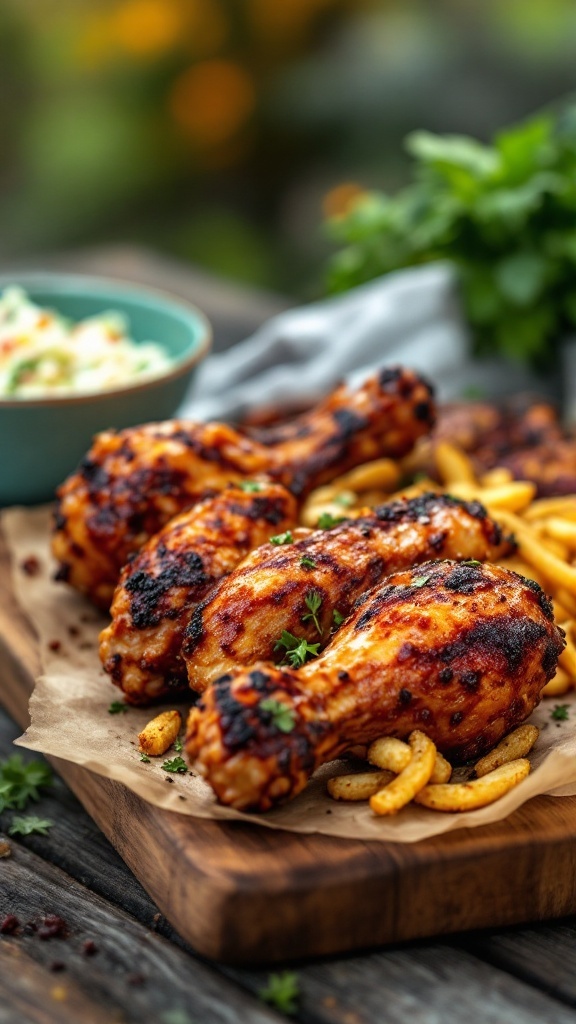 Crispy baked BBQ chicken drumsticks served on a wooden platter with sides.