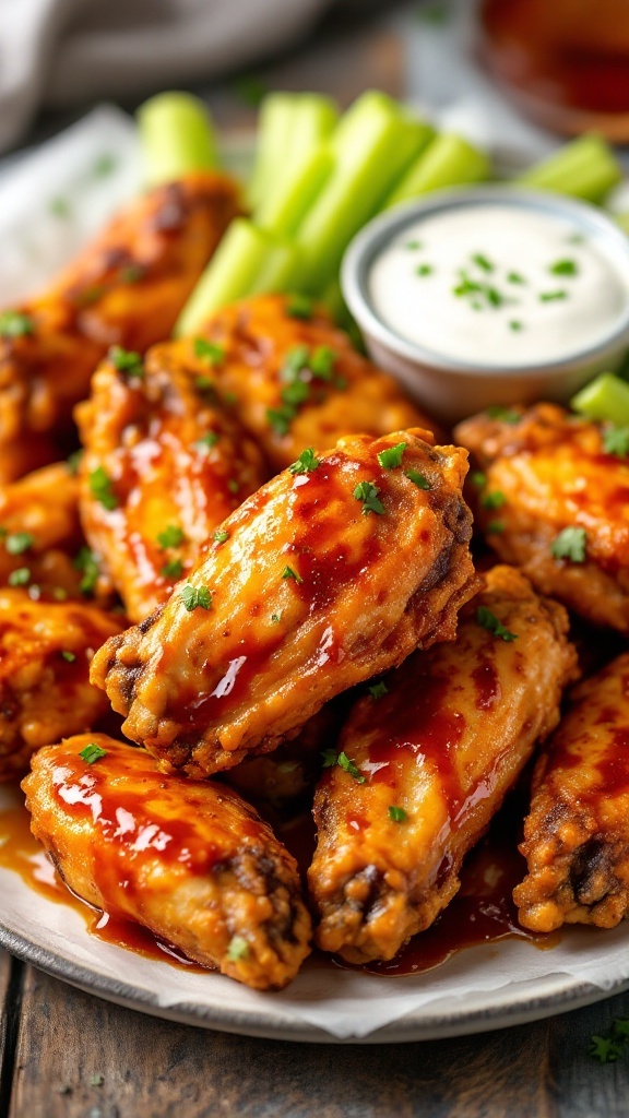 Plate of crispy baked chicken wings garnished with parsley and served with celery sticks and dipping sauce.