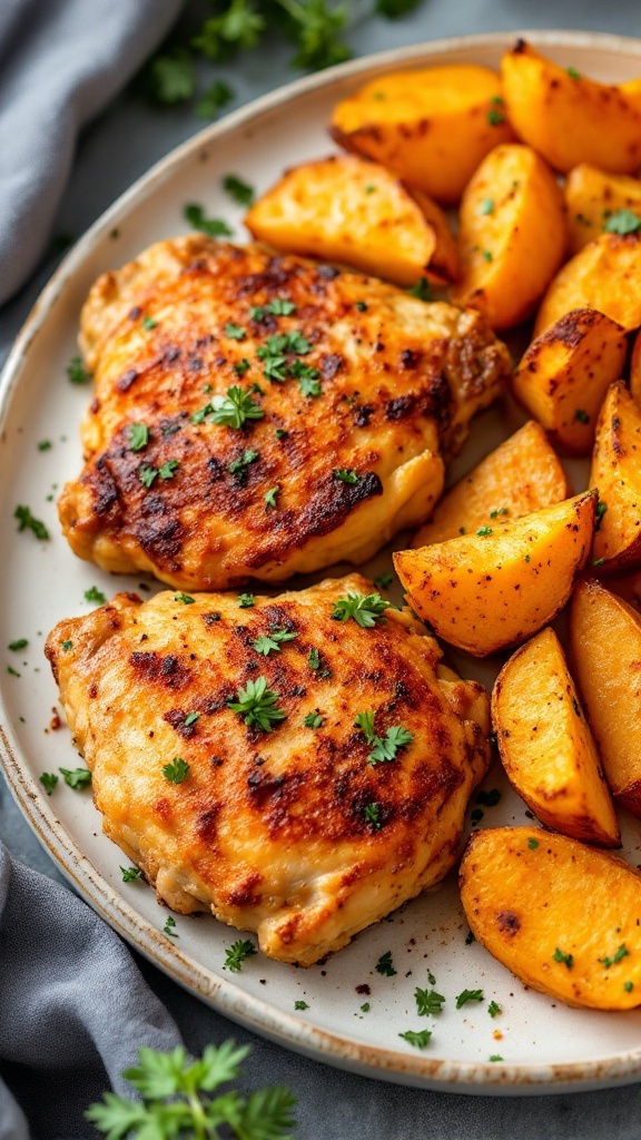 Crispy baked chicken thighs served with sweet potato wedges