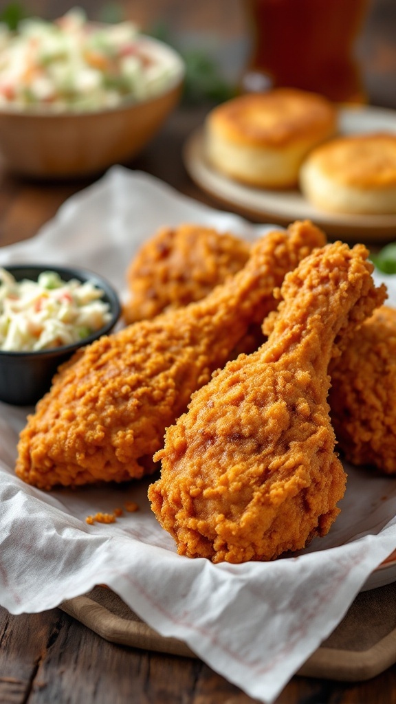 Plate of crispy fried chicken legs served with coleslaw and biscuits