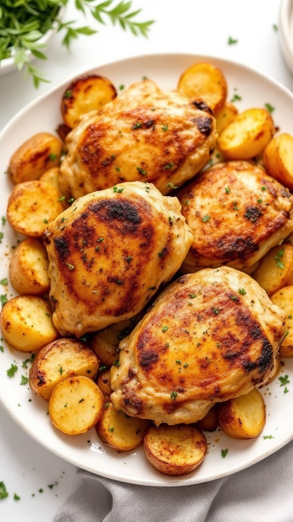 A plate of crispy herb-roasted chicken thighs with golden roasted potatoes.