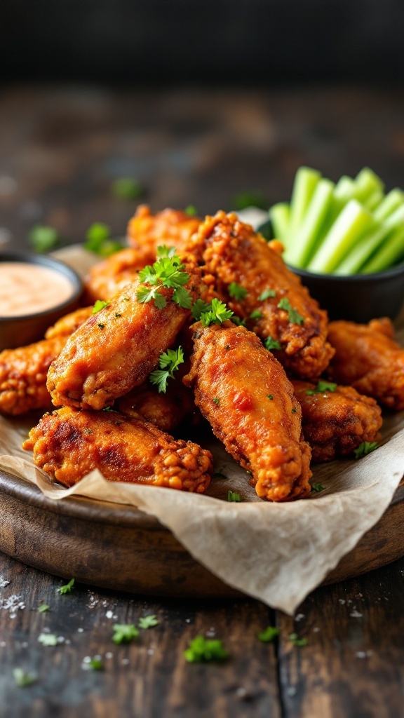 Crispy jalapeno chicken wings stacked on a wooden plate, garnished with parsley and served with celery sticks.