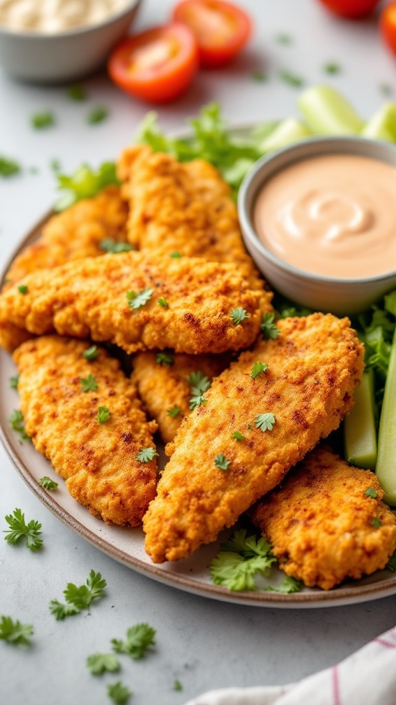 Crispy oven-baked chicken tenders served with dipping sauce and fresh vegetables