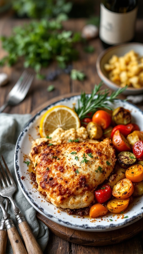 Crispy Parmesan Chicken Bake with roasted vegetables and herbs