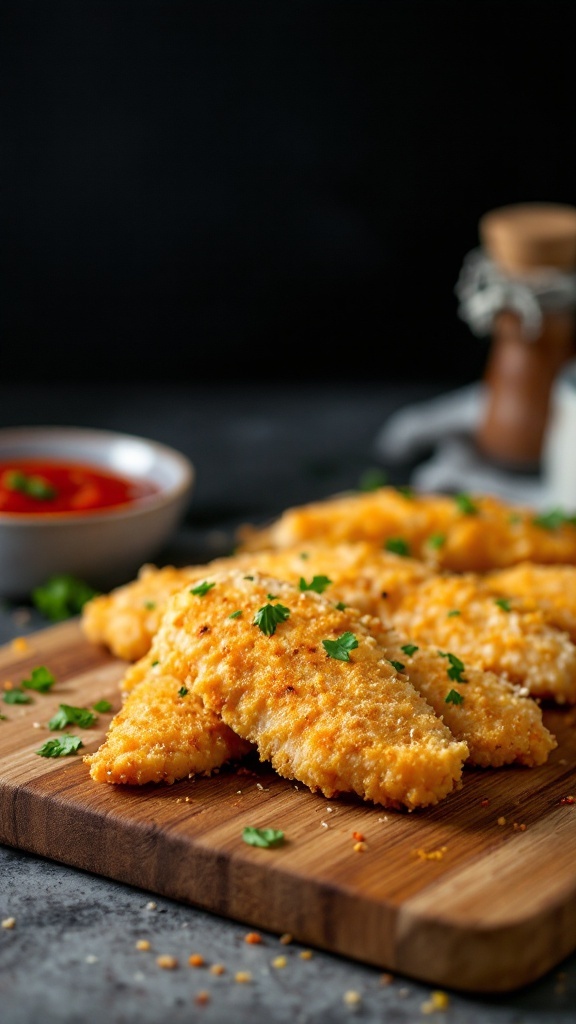 Crispy Parmesan Chicken Tenderloins plated with herbs