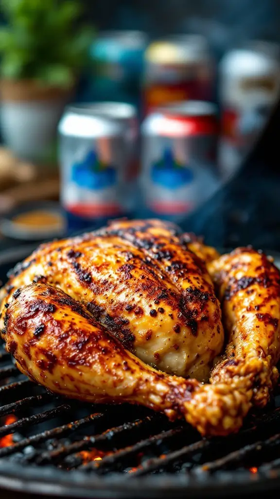 A perfectly roasted beer can chicken on a grill.