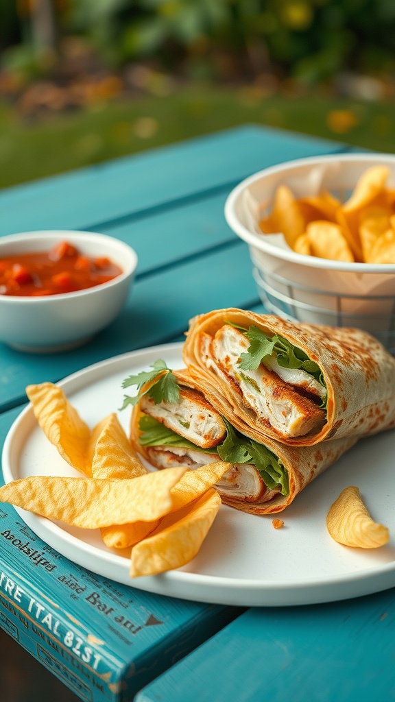 A plate of crispy tuna melt wrap served with potato chips