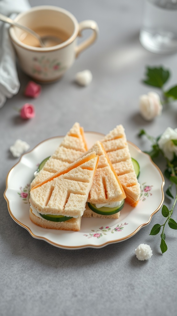 Cucumber and cream cheese sandwiches on a floral plate with a cup of tea in the background.