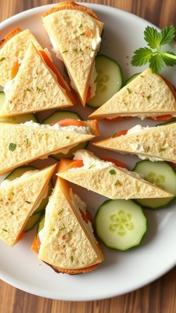 A plate of cucumber and cream cheese sandwiches cut into triangles, garnished with parsley.