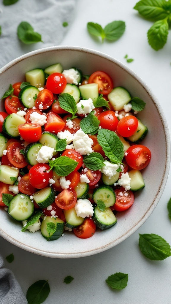 A bowl of cucumber and tomato salad with mint and feta.