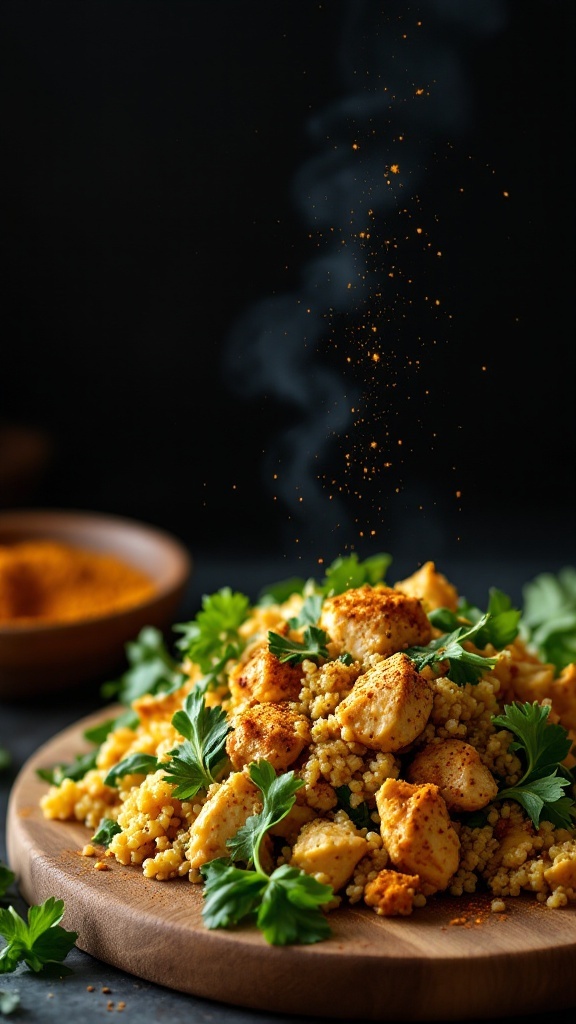 Curried Chicken and Quinoa Salad with spices and herbs