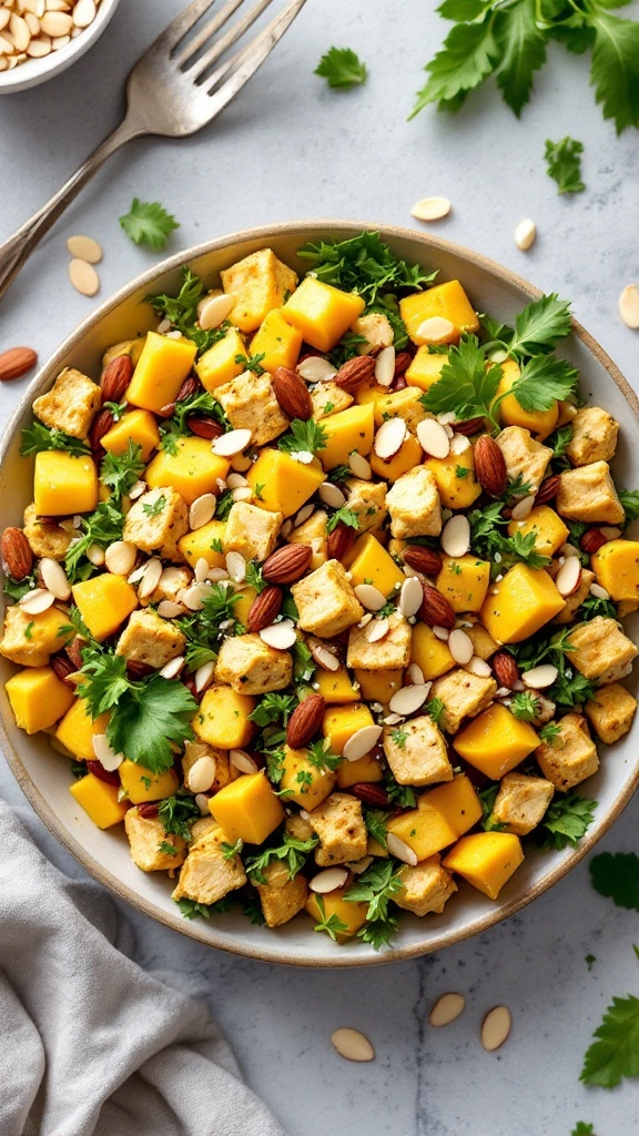 Curried chicken salad with mango, garnished with almonds and cilantro.