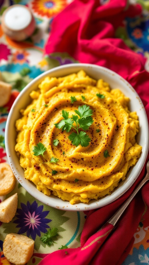 A bowl of curry-spiced mashed potatoes garnished with cilantro.