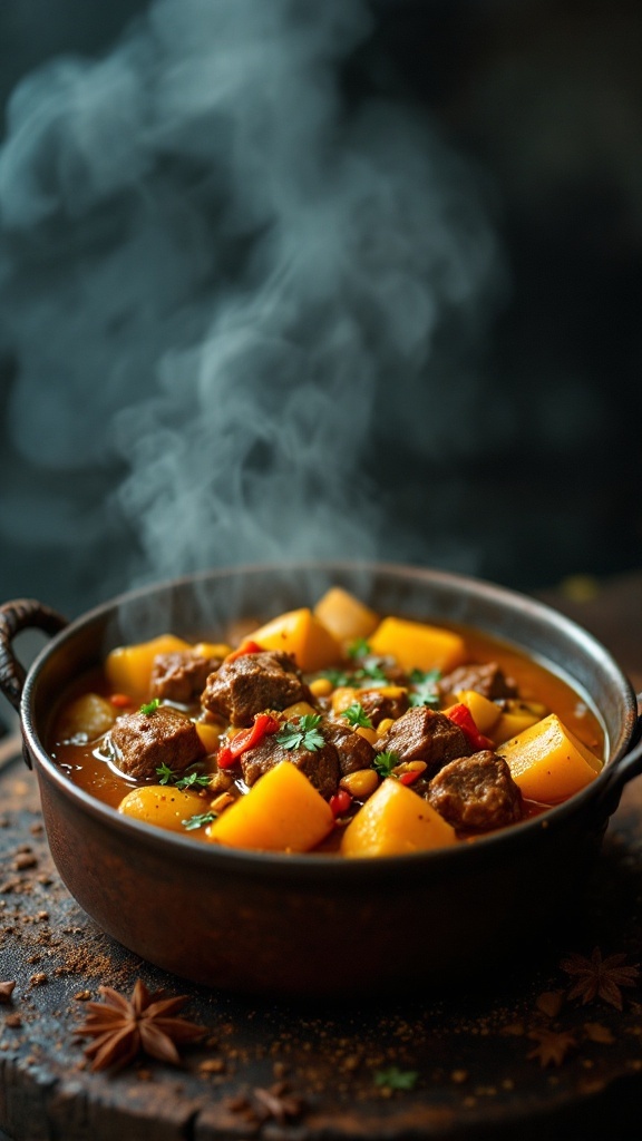 A bowl of steaming curry beef and potato stew, garnished with herbs.