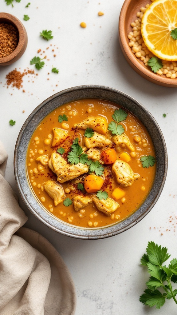 A bowl of curry chicken and barley soup garnished with cilantro