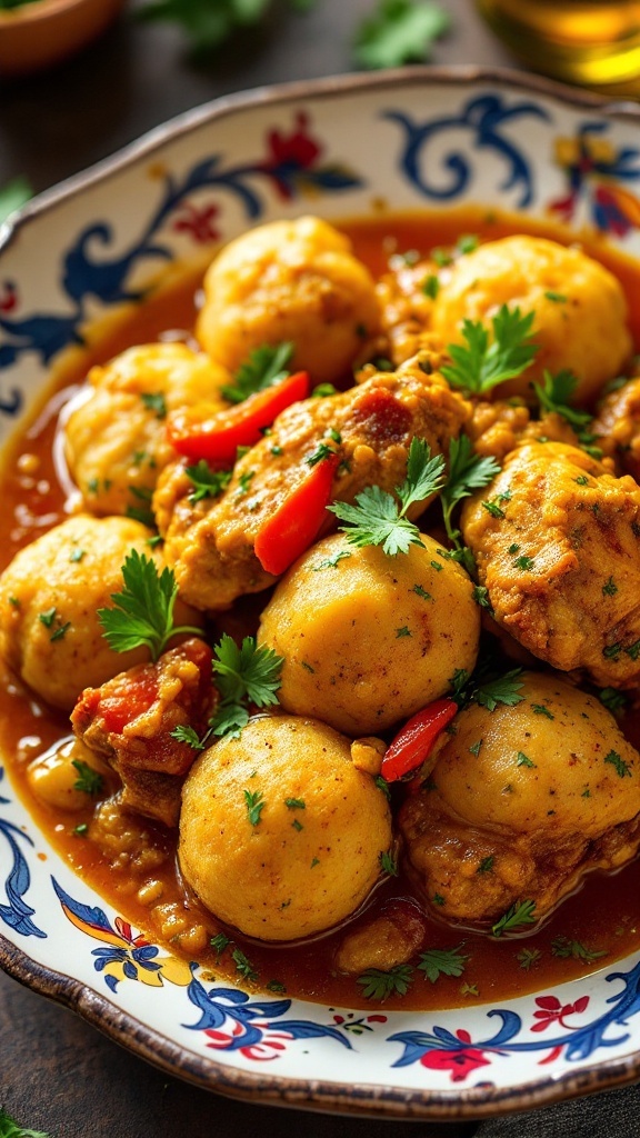 A vibrant bowl of curry chicken and dumplings, featuring tender chicken pieces, fluffy dumplings, and fresh herbs.