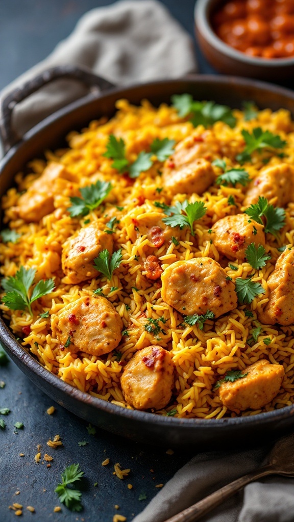 A delicious curry chicken and rice casserole, garnished with fresh cilantro.