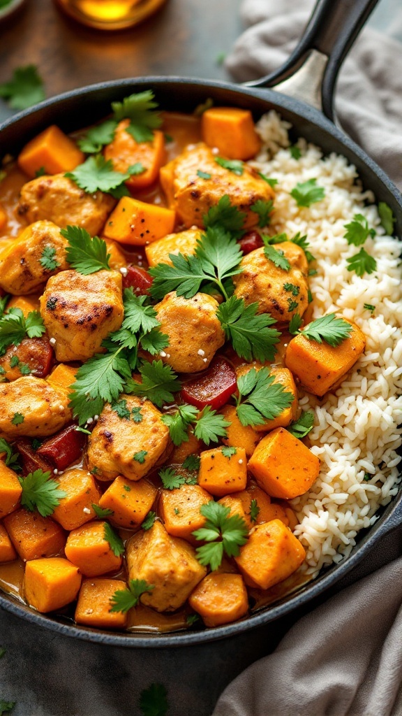 Curry Chicken and Sweet Potato Skillet with rice and cilantro garnish