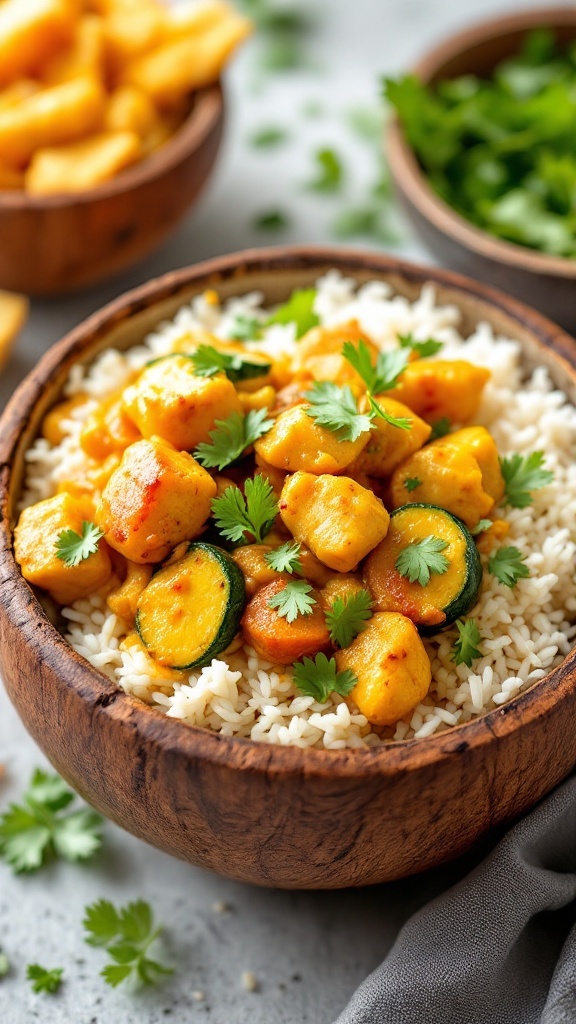 A delicious bowl of curry chicken and zucchini over rice, garnished with cilantro.