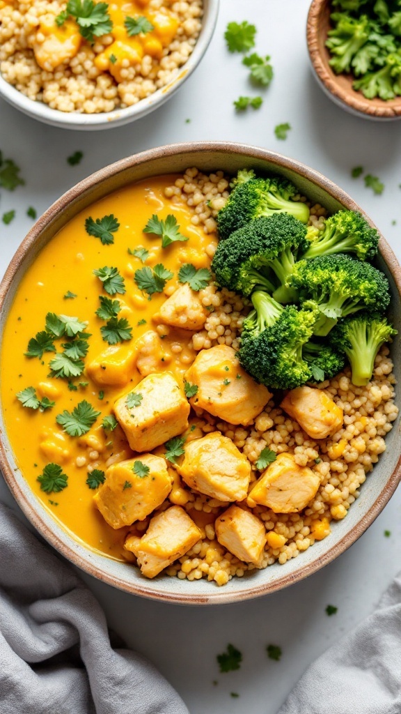 A vibrant Curry Chicken Quinoa Bowl with broccoli and a creamy sauce.