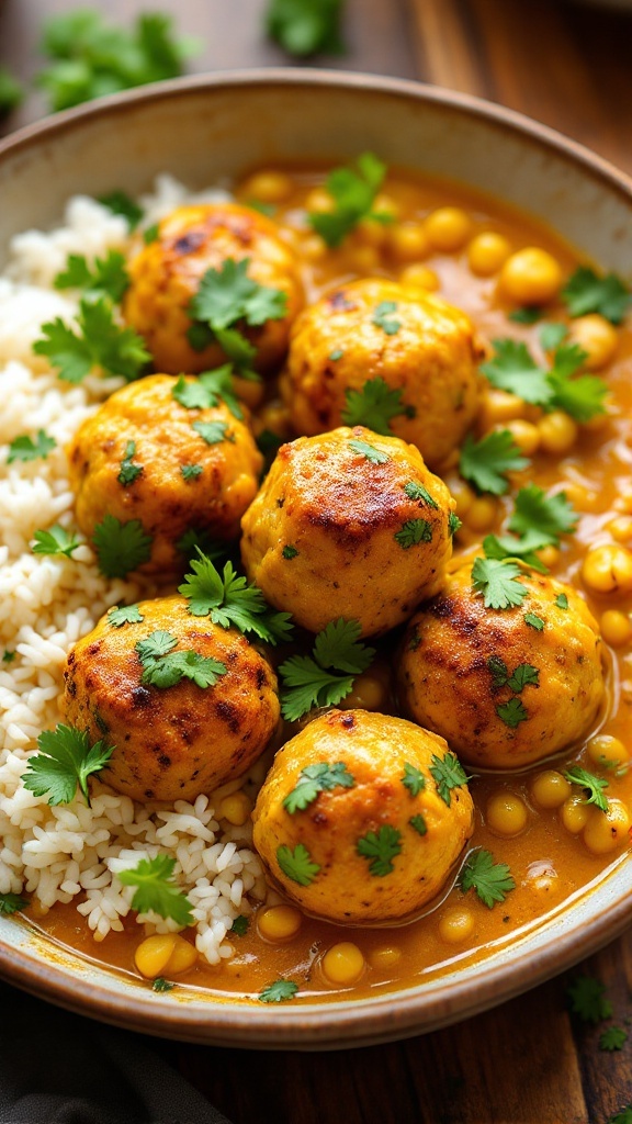 A bowl of delicious curry coconut chicken meatballs served with rice and garnished with fresh cilantro.