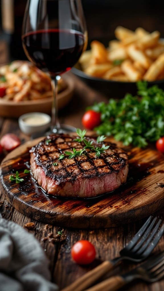 A beautifully grilled ribeye steak garnished with herbs, served with a glass of red wine.