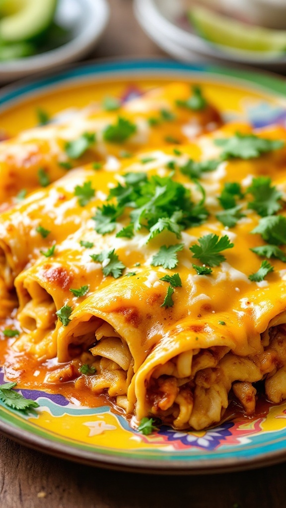 Delicious plate of chicken enchiladas topped with cheese and cilantro