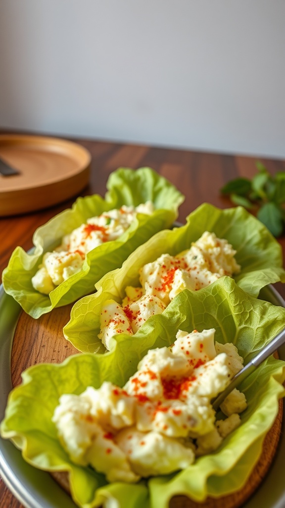 Egg salad served in lettuce wraps on a wooden platter