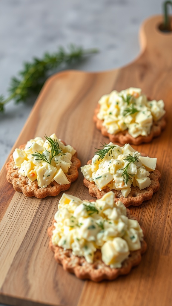 Egg salad spread on round crackers, topped with fresh dill, on a wooden cutting board.