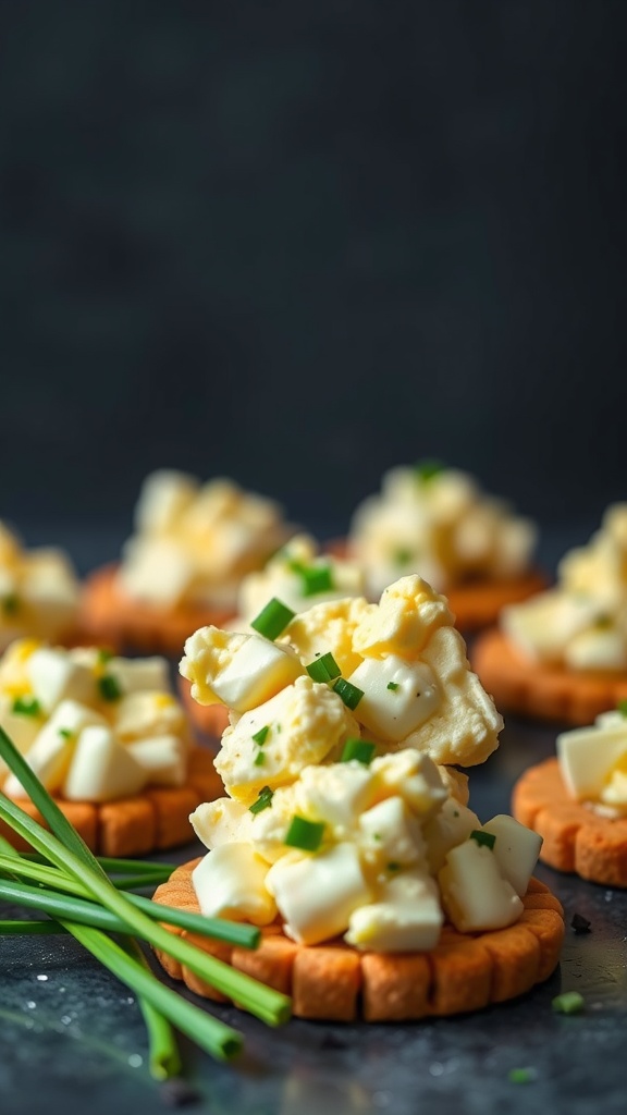 Egg salad on whole grain crackers topped with chives