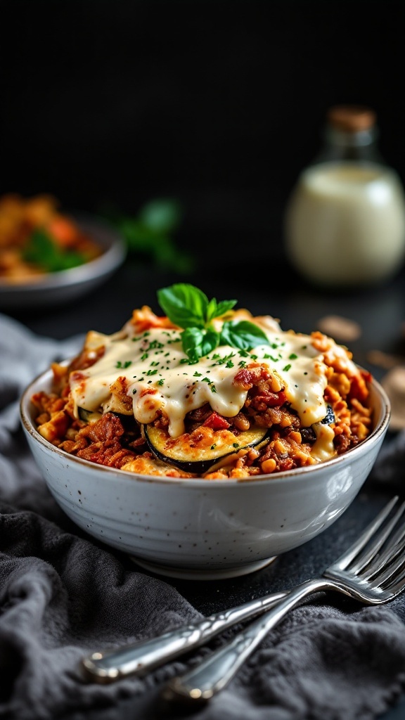 A delicious Eggplant Moussaka Bowl topped with creamy béchamel sauce and garnished with herbs.