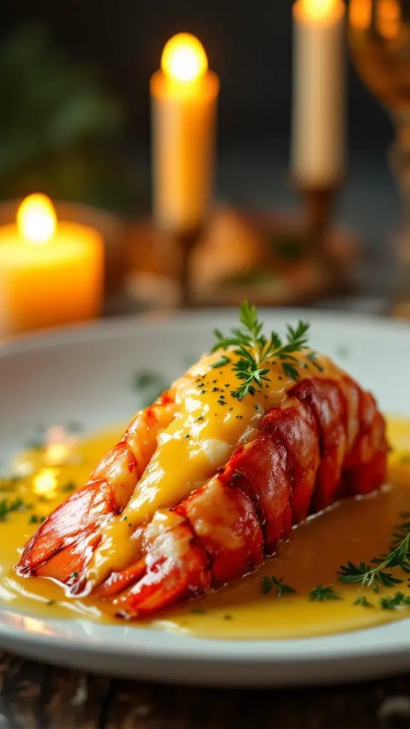 A beautifully plated lobster tail drizzled with lemon butter sauce and garnished with parsley.