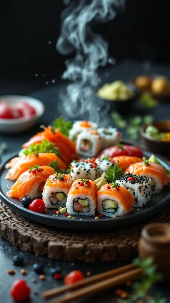 An elegant sushi platter featuring fresh sushi rolls and sashimi