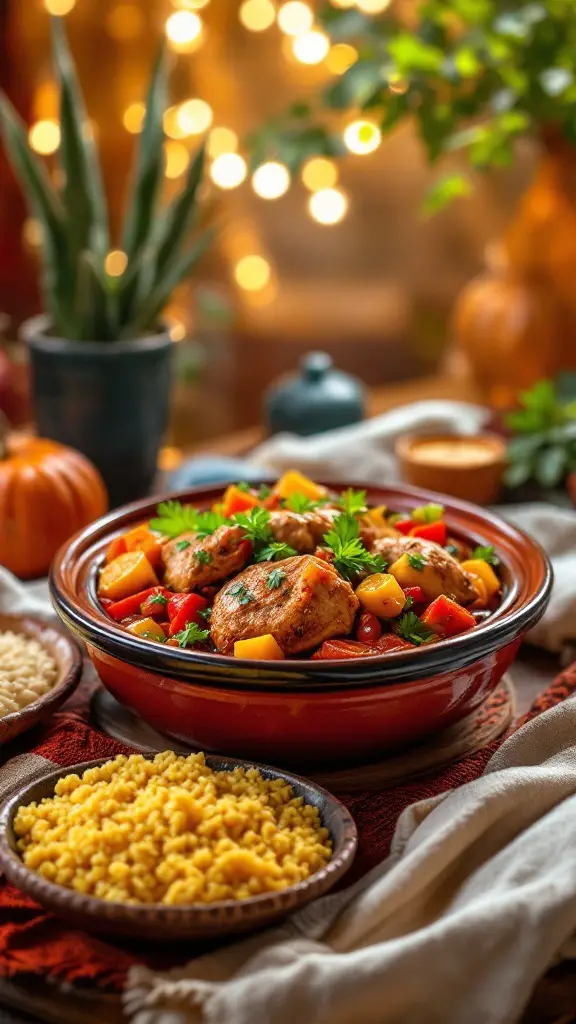 A colorful and flavorful Moroccan Tagine dish with chicken, vegetables, and spices, served with couscous.